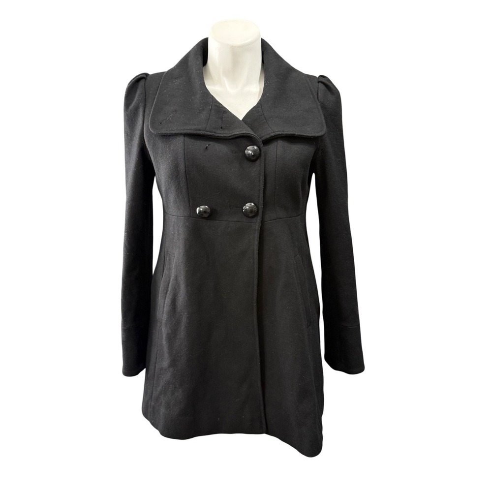 Guess Womens Black Wool Blend Double Breasted Pea Coat Puff Sleeve Bow Back L